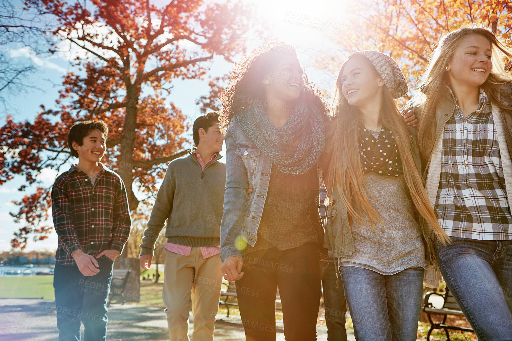 Buy stock photo Shot of a group of teenage friends enjoying an autumn day outside together