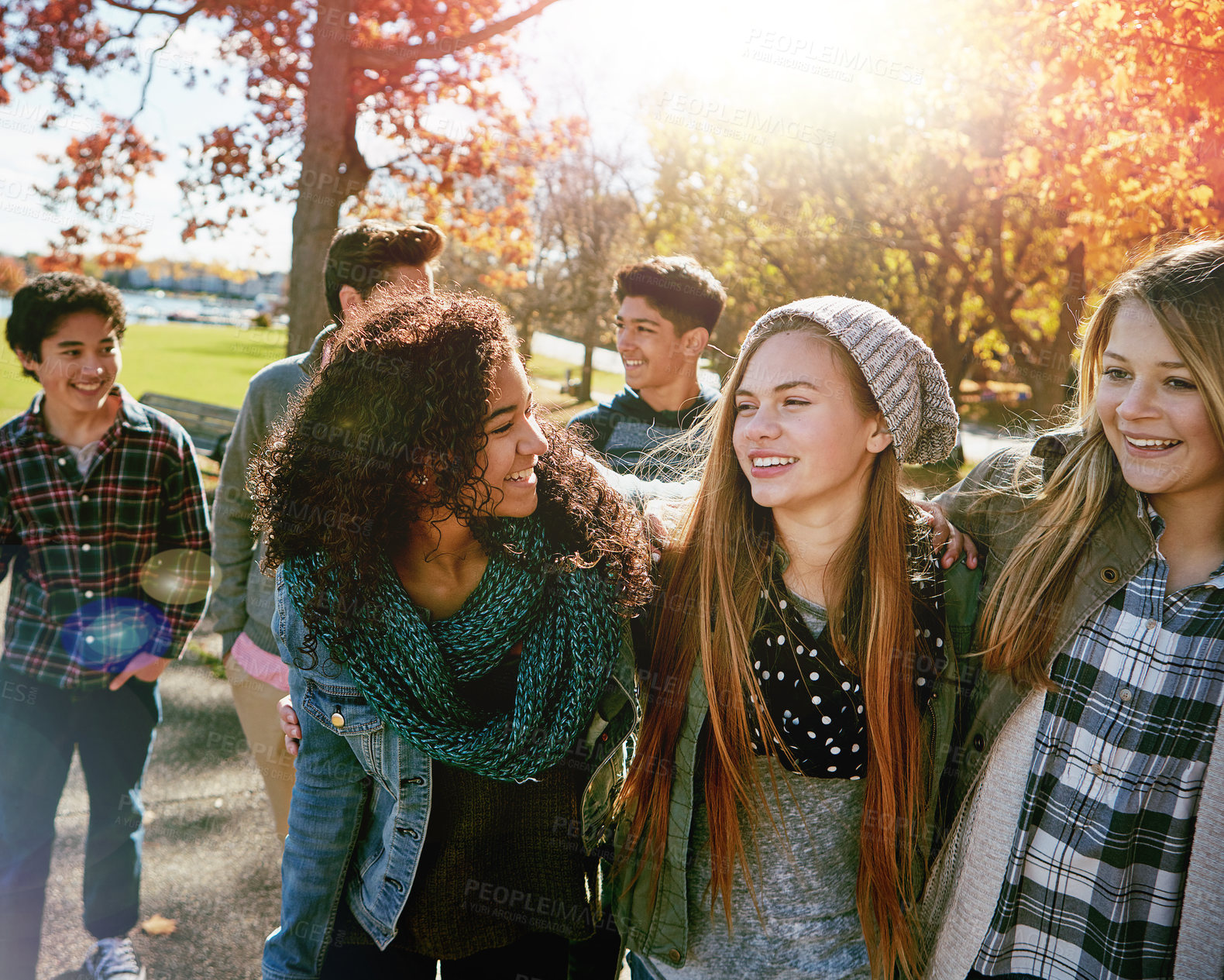 Buy stock photo Shot of a group of teenage friends enjoying an autumn day outside together