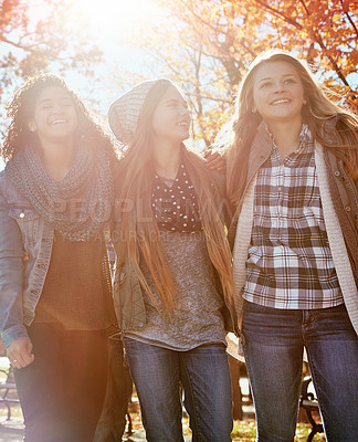 Buy stock photo Shot of a group of teenage friends enjoying an autumn day outside together