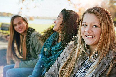 Buy stock photo Portrait, smile and teen group with autumn, forest and nature for college break and bonding. Friends, park and diversity with people, gen z and Canada vacation or university holiday together in woods