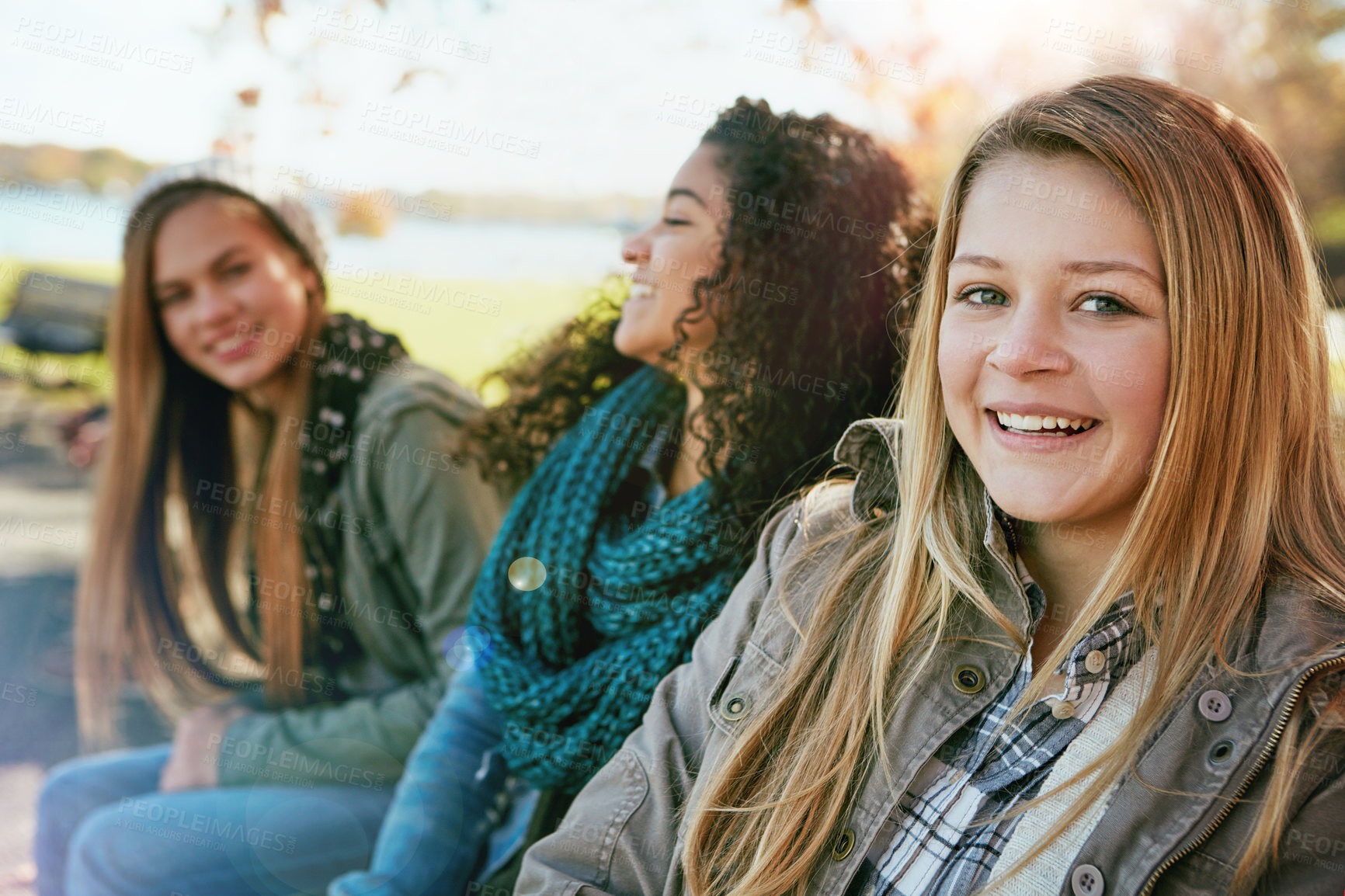 Buy stock photo Portrait, smile and teen group with autumn, forest and nature for college break and bonding. Friends, park and diversity with people, gen z and Canada vacation or university holiday together in woods