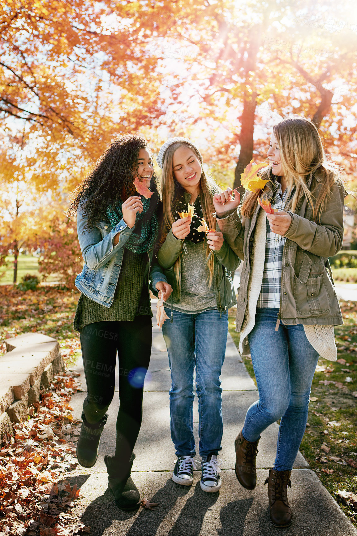 Buy stock photo Outdoor, friends and girls with leaves, autumn and smile for hangout on holiday, laughing and travel. Group, walking and teenagers with plant, flare and conversation on break, bonding or together