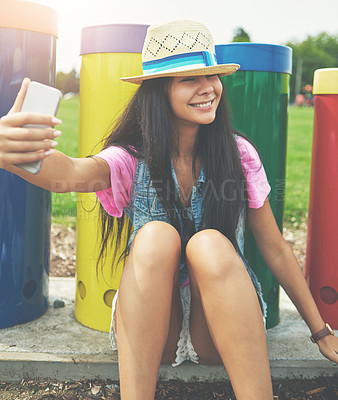 Buy stock photo Smile, girl and selfie in park outdoor for profile picture on social media or memory of summer vacation in California. Woman, sunshine and holiday with photography or live blog for content creation.