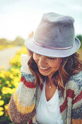 Buy stock photo Shot of an attractive young woman enjoying a spring day outdoors