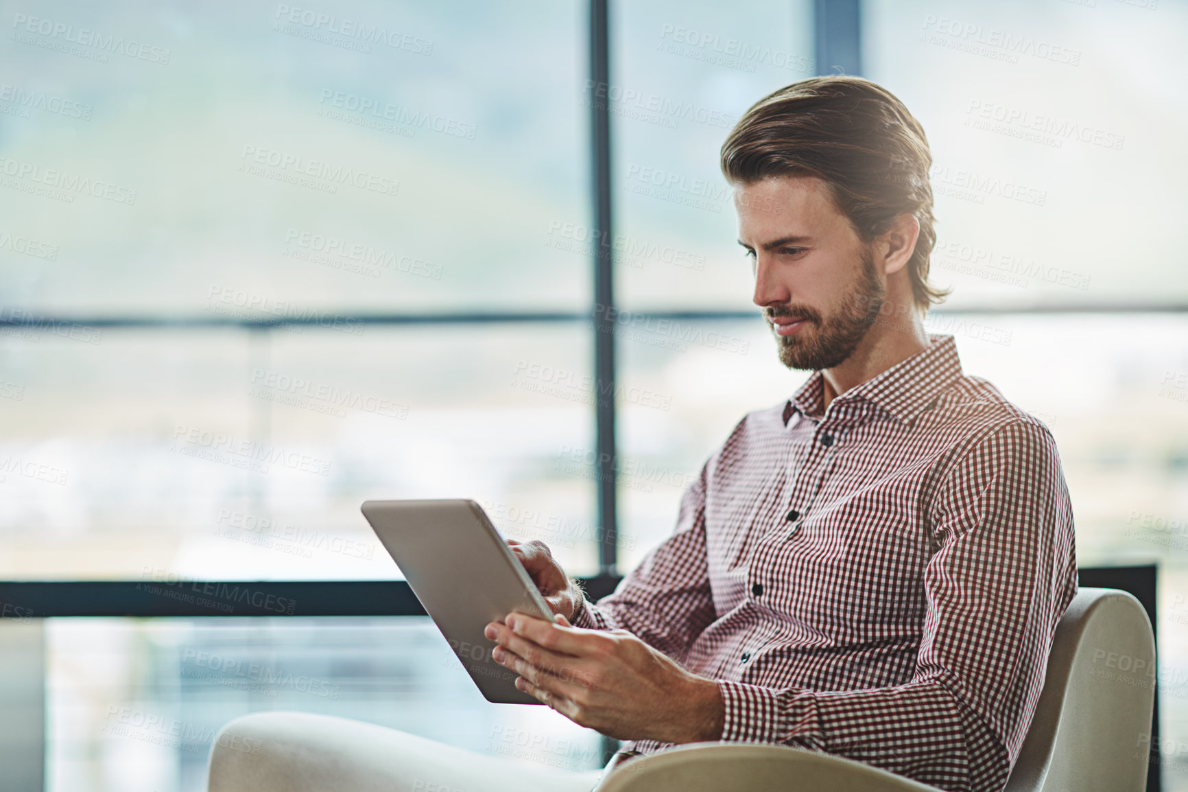 Buy stock photo Businessman, online and office work on tablet for investment, digitalization and workflow of tasks or project management. Man, entrepreneur and internet for efficiency, research and business site.