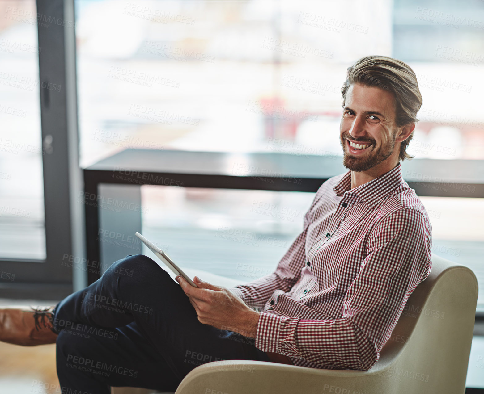 Buy stock photo Businessman, portrait and office work on tablet for productivity, digitalization and workflow of tasks or project management. Man, entrepreneur and online for efficiency, research and business site.