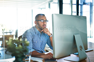 Buy stock photo Business man, thinking and computer at desk in office for online research, reading email or report. Male entrepreneur person with internet connection for feedback, review and focus on project