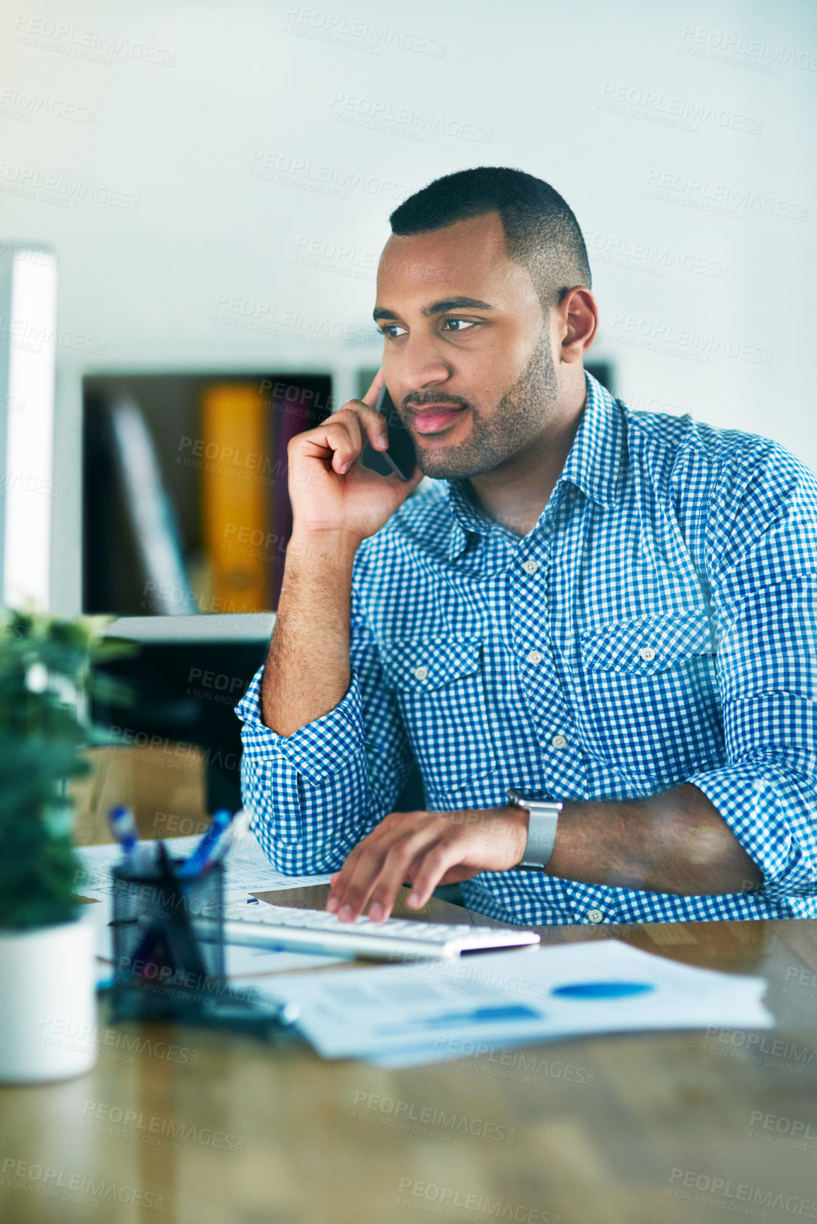 Buy stock photo Phone call, listening and business man at desk for conversation, confirm meeting or negotiation in office. Advertising manager, discussion and employee for planning, communication or conduct deal