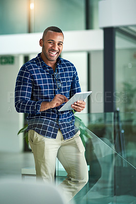 Buy stock photo Black man, portrait and tablet in office with smile, career and social media management for company. Male person, creative and happy with walk for reading with email marketing, notification and post