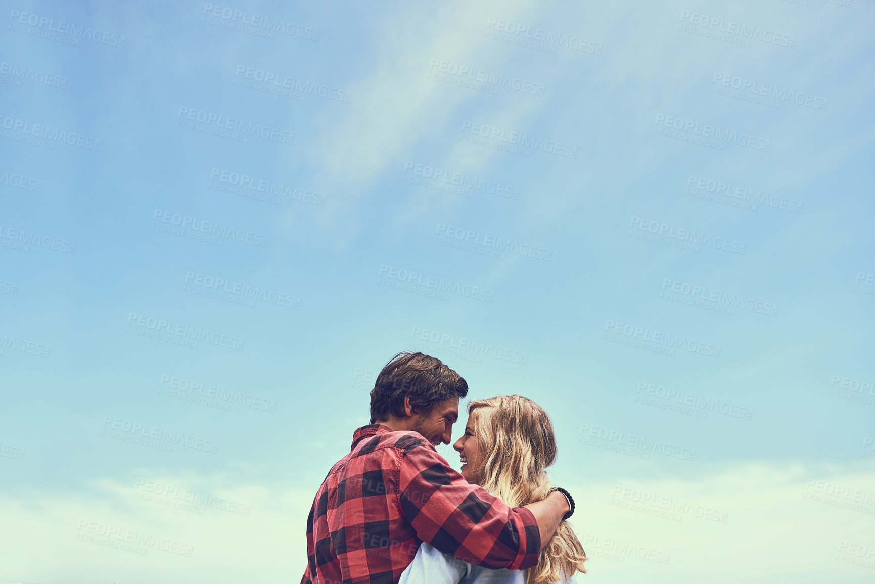 Buy stock photo Blue sky, mockup space and happy couple hug with love for adventure, discovery or journey with peace. Calm, honeymoon and romance man with woman on outdoor date with holiday trip together in Germany