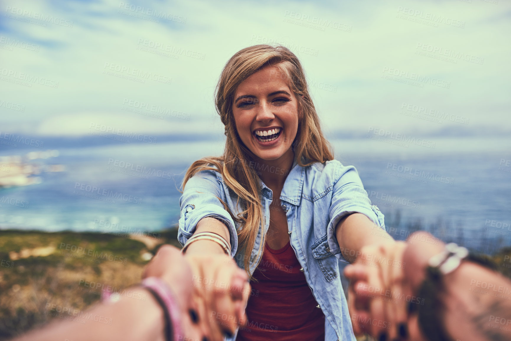 Buy stock photo Holding hands, pov and happy couple with love for adventure, discovery or journey with peace. Mountains, honeymoon and romance man with woman on outdoor date with holiday trip together in Germany