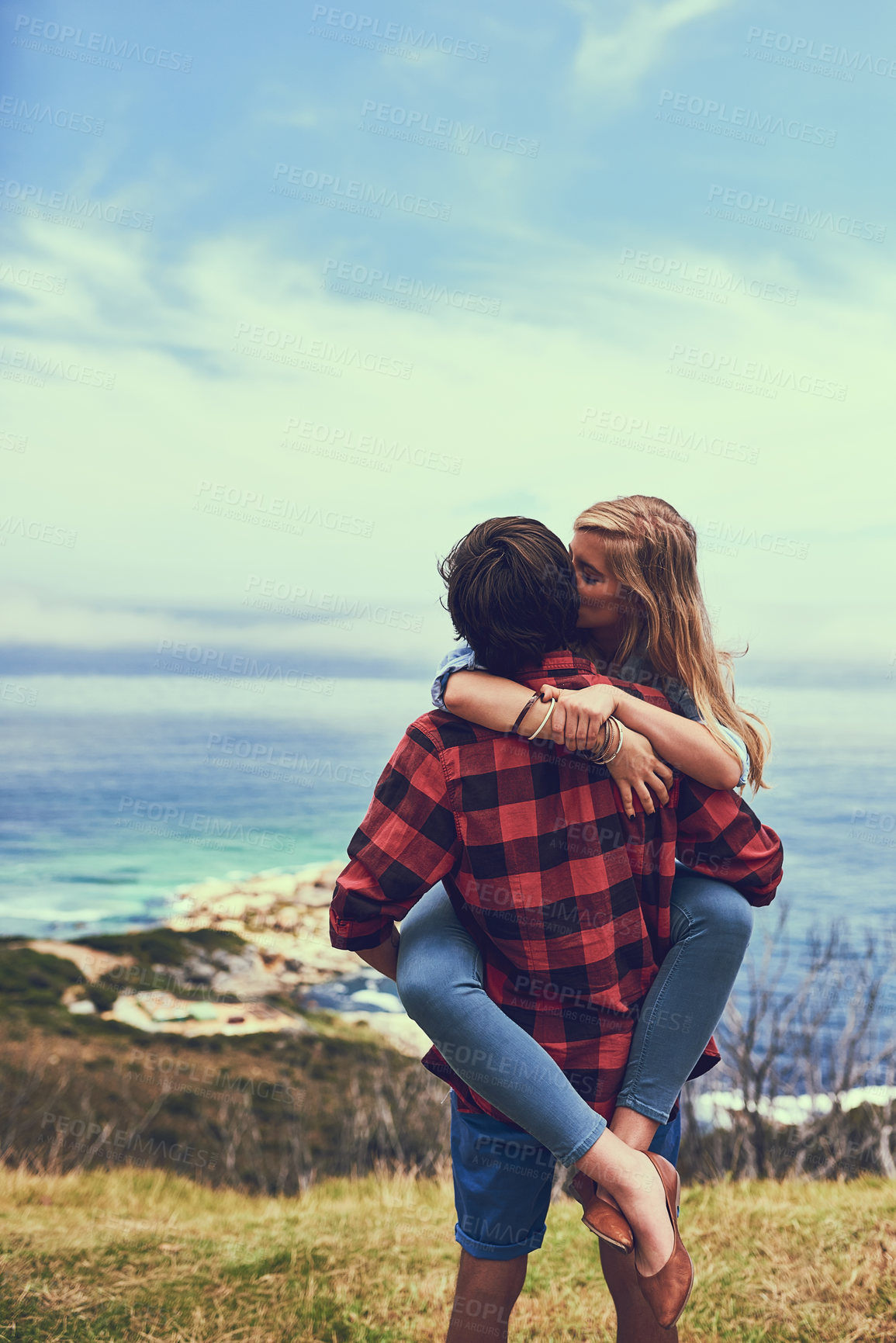 Buy stock photo Mountain, carry or couple hug with kiss or love for adventure, discovery or journey with peace or nature. Sky, honeymoon romance or man with woman on outdoor date or holiday trip together in Germany