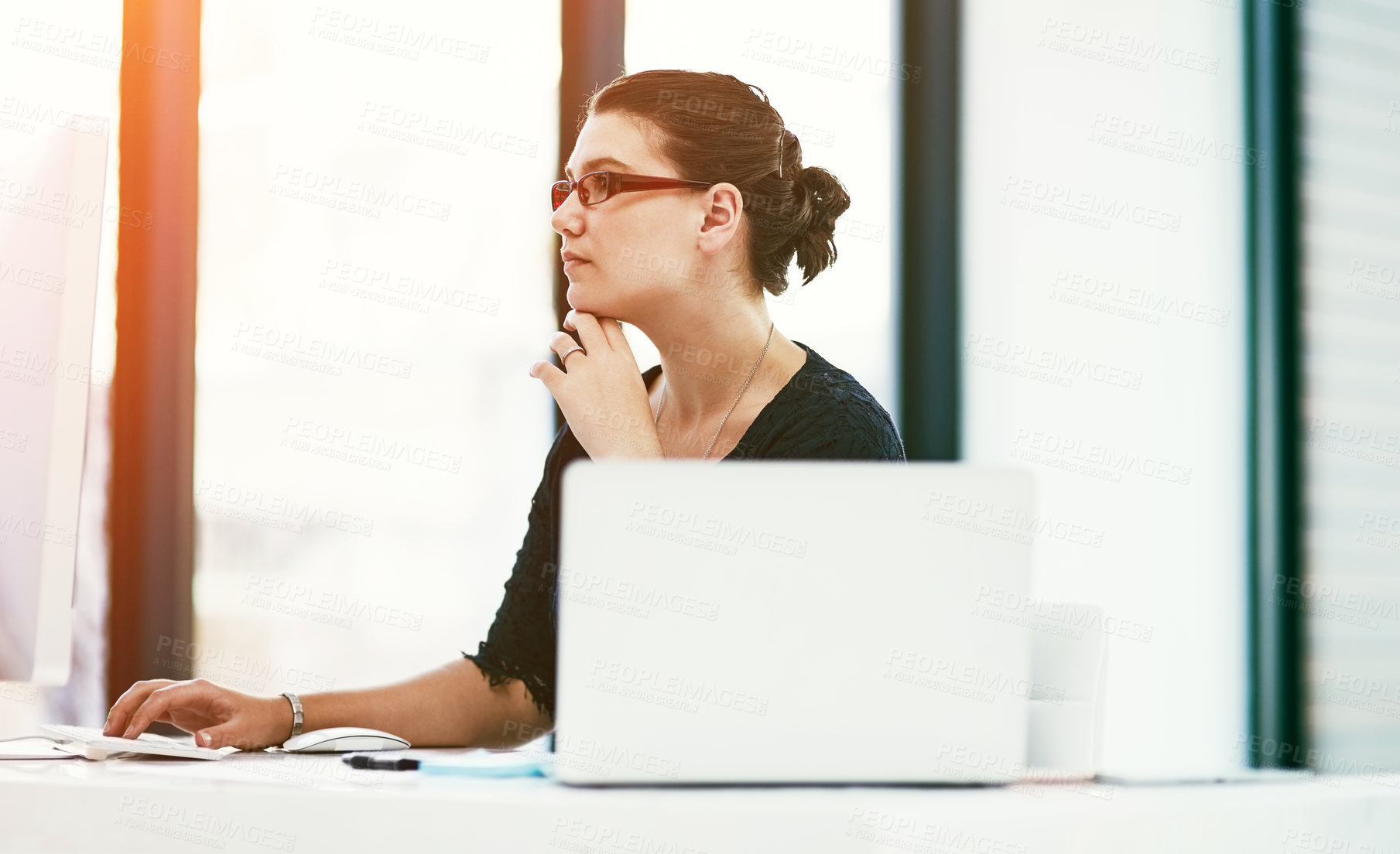 Buy stock photo Woman, computer and reporter online in office, professional journalist at news agency. Female person, publishing employee and typing column in workplace, website and press development with article