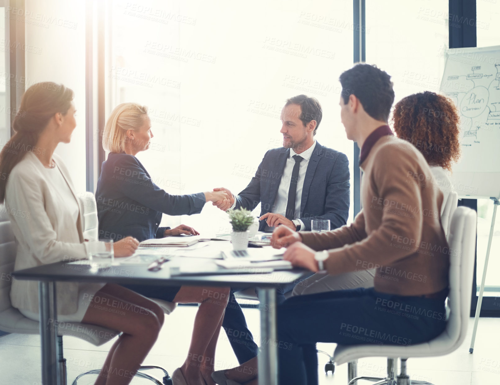 Buy stock photo Office, team and business people with handshake for success, sales partnership and b2b agreement. Flare, employee and investor with shaking hands for company growth, investment deal or meeting target