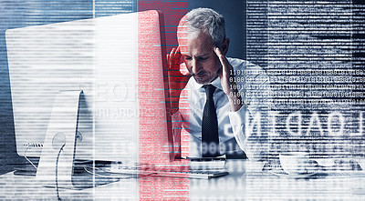 Buy stock photo Cropped shot of a mature businessman looking stressed while coding