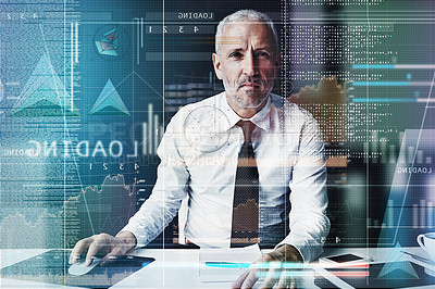 Buy stock photo Cropped portrait of a mature businessman working on programming code