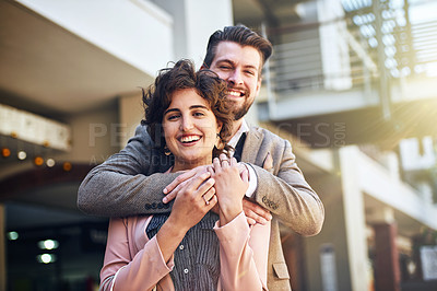 Buy stock photo Cropped shot of an affectionate couple standing outside