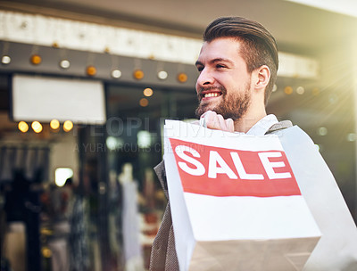 Buy stock photo Man, happy and shopping bags with sale outdoor for retail promotion, store discount and excited. Shopper, person and customer with package in city for clothing, gift and fashion deal in urban town