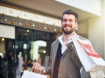 Buy stock photo Man, portrait and shopping bags with sale in city for retail promotion, store discount and happy. Shopper, person and customer with package outdoor for clothing, gift and fashion deal in urban town