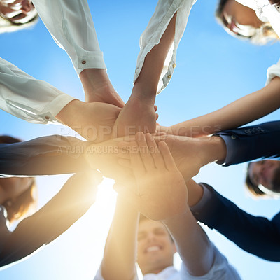 Buy stock photo Hands together, trust and business people in team with low angle, support and solidarity with professional community. Diversity, collaboration and corporate group in meeting with goals and commitment