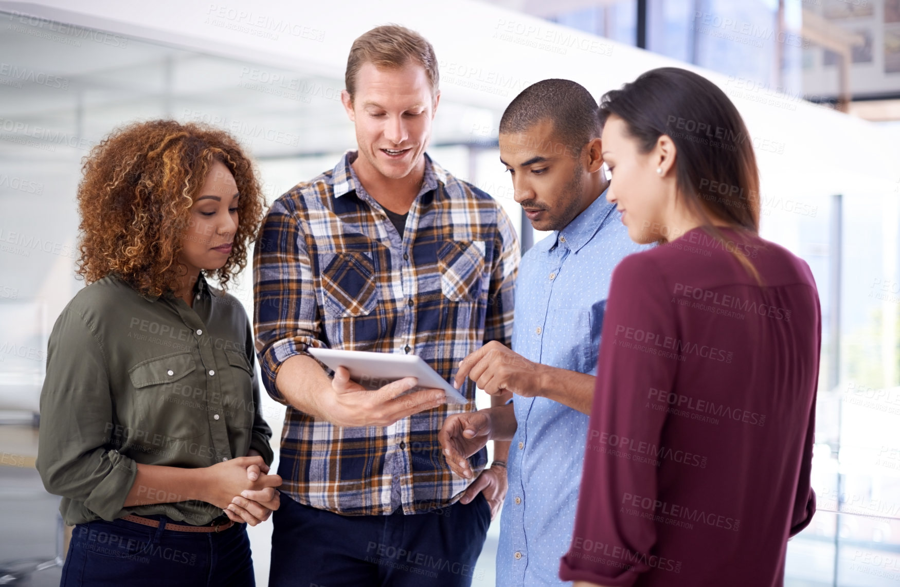 Buy stock photo Meeting, design staff and tablet with collaboration, planning and digital project in office. Technology, discussion and website developers with ui conversation, app and teamwork for creative company