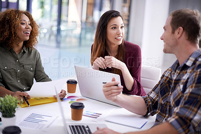 Buy stock photo Business people, budget and planning strategy in group with thinking, talking and ideas. Group, startup team and happiness in conversation with men, women and financial graph documents for teamwork