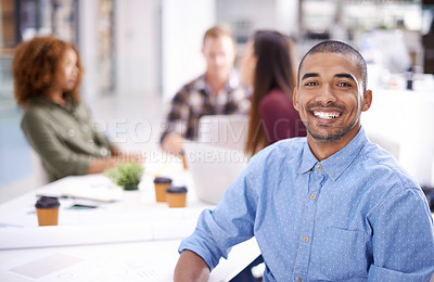 Buy stock photo Portrait, business man and interior design meeting in creative office for teamwork, review or planning. Company, smile and male employee for collaboration, discussion or professional in workplace