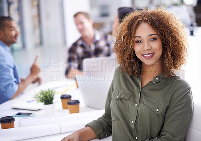 Buy stock photo Portrait, business woman and interior design meeting in creative office for teamwork, review or planning. Company, smile and female employee for collaboration, discussion or professional in workplace