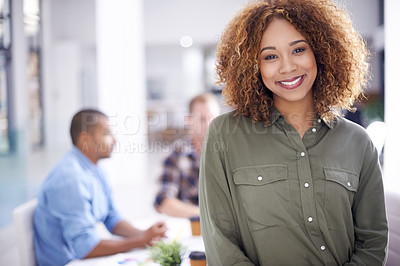 Buy stock photo Interior design meeting, portrait and happy businesswoman in creative office for teamwork, review or planning. Company, smile and employee for collaboration, discussion or professional in workplace