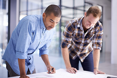Buy stock photo Happy, architect and contractor with blueprint discussing building plans and construction in office. Men, architecture and meeting for planning project or home renovations and ideas for collaboration