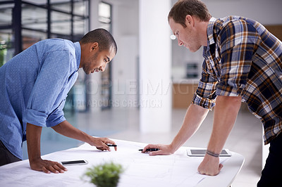 Buy stock photo Man, blueprint and office teamwork planning, discussion and architect pr tablet or property design. Development, engineering and vision with coworkers, brainstorming and staff for renovation talk