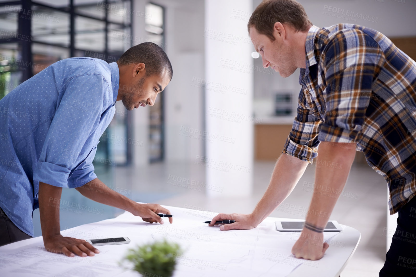 Buy stock photo Man, blueprint and office teamwork planning, discussion and architect pr tablet or property design. Development, engineering and vision with coworkers, brainstorming and staff for renovation talk