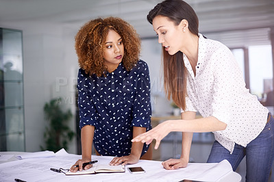 Buy stock photo Businesswoman, blueprint and office team planning, discussion and architect and tablet or property design. Development, engineering and vision with coworkers, brainstorming and staff for renovation