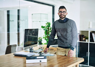 Buy stock photo Desk, computer and portrait of business man in office with company pride, confidence and happy. Creative startup, professional agency and person for career, online project or job in digital marketing