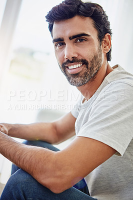 Buy stock photo Man, portrait and smile for relax on sofa with confidence, comfortable and weekend break in home. Person, happy and pride in living room of house for me time, rest and peaceful leisure in apartment