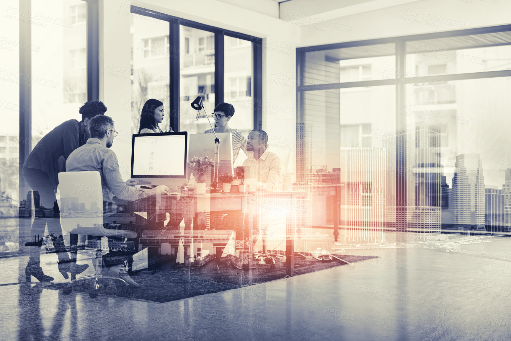 Buy stock photo Digitally enhanced shot of a group of colleagues working in their office