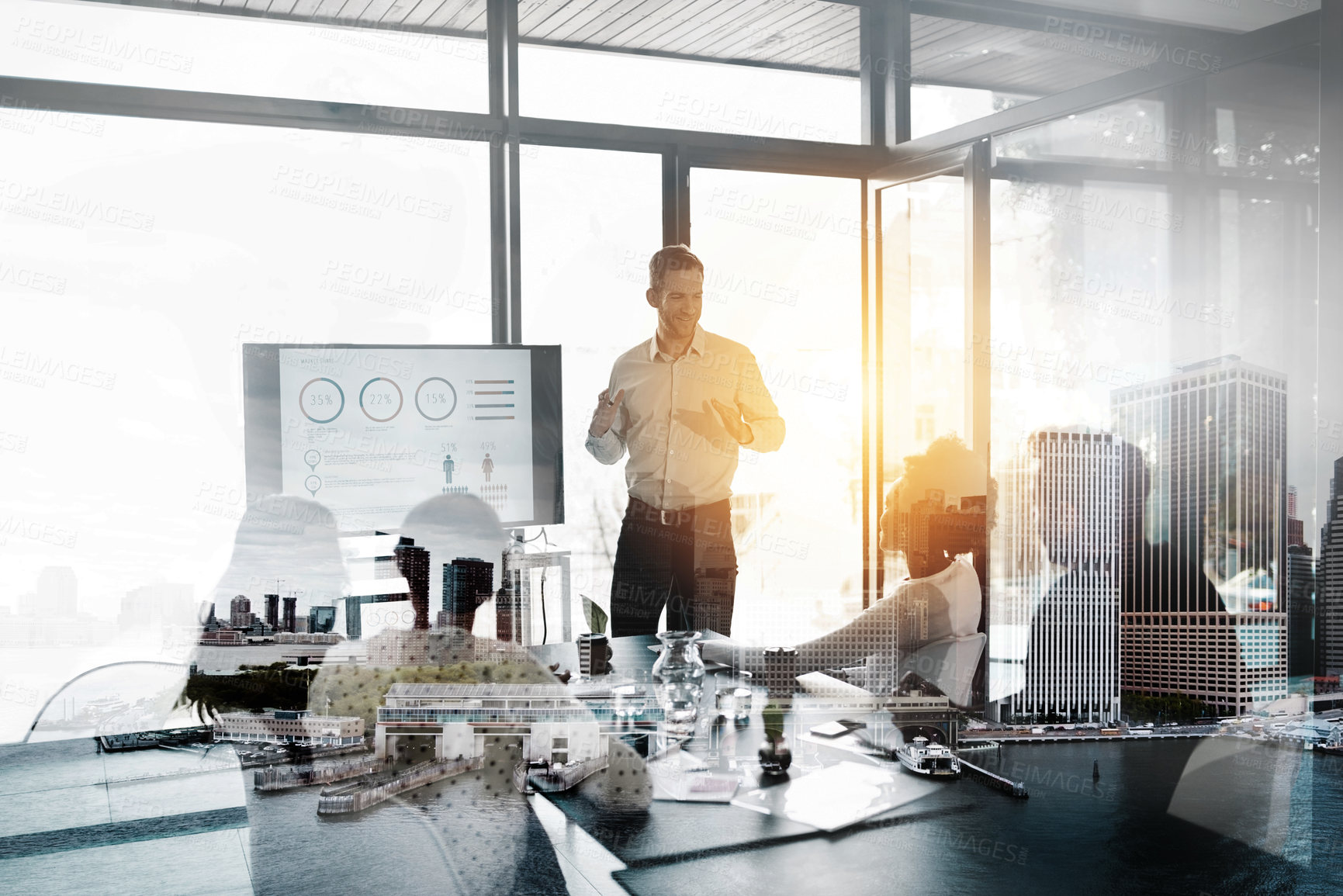 Buy stock photo Digitally enhanced shot of a businessman giving a presentation in the boardroom