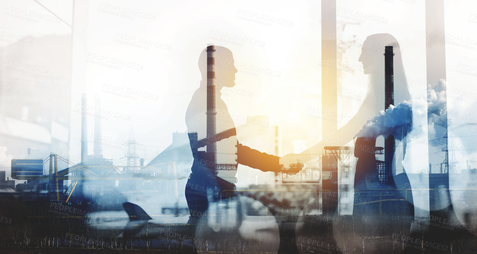 Buy stock photo Silhouette, handshake and double exposure with business people in office for corporate, company and teamwork. Contract, deal and partnership with employee in for support, development and meeting