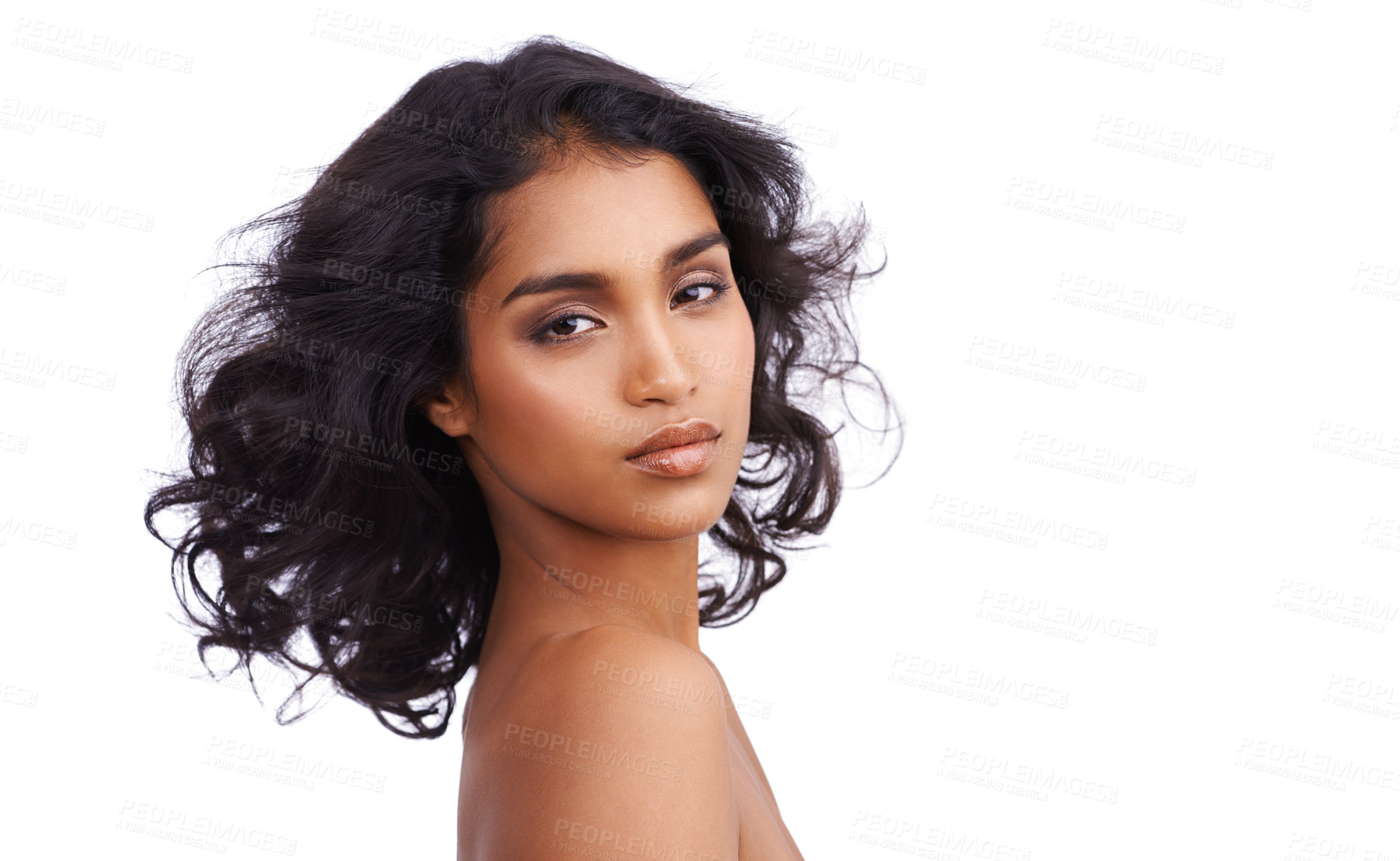 Buy stock photo Beauty, makeup and cosmetics for Indian woman, skincare and self care on white background. Confidence, hairstyle and curls for face of ethnic female model, natural and salon treatment in studio