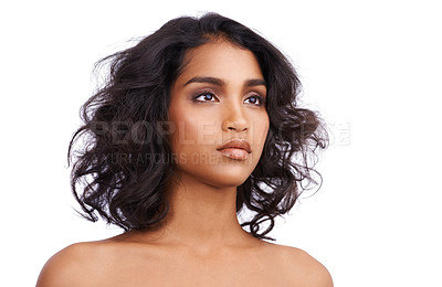 Buy stock photo Skincare, beauty and cosmetic for Indian woman, luxury and cosmetology on white background. Face, confidence and makeup for female model, hairstyle and salon treatment for dermatology in studio