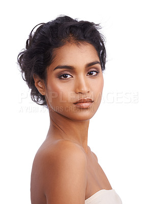 Buy stock photo Beauty, portrait and Indian woman in studio for makeup glamour, cosmetics or wellness on white background. Face, calm or female model with glowing skin, results or cosmetology, shine or satisfaction