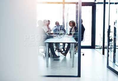 Buy stock photo Teamwork, strategy and meeting with business people in office for project management, review and brainstorming. Corporate, collaboration and planning with group of employees in boardroom for idea