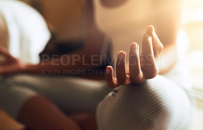 Buy stock photo Woman, hands and relax in meditation for zen, health or spiritual wellness at home. Closeup of female yogi hand meditating for relaxation, mind and awareness for healthy mental wellbeing in the house