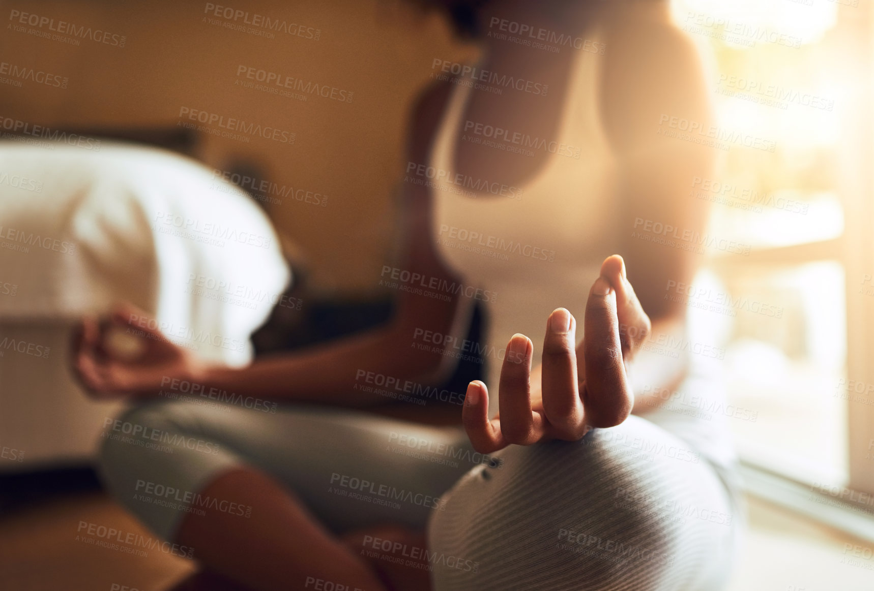 Buy stock photo Woman, hands and yoga in morning meditation for health, spiritual wellness or zen workout and exercise at home. Hand of calm female meditating for relaxation, mind and awareness for mental wellbeing