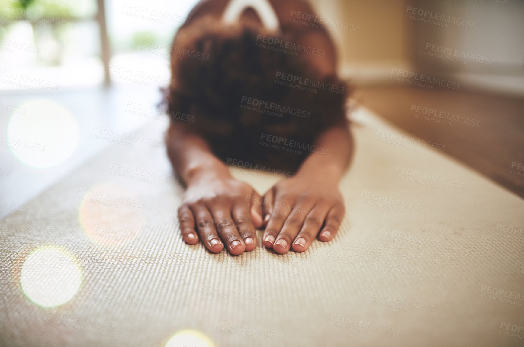 Buy stock photo Woman, meditation and stretching body on yoga mat for mindfulness, zen or spiritual wellness on floor at home. Calm female meditating or warm up stretch for relaxation, mind and healthy wellbeing