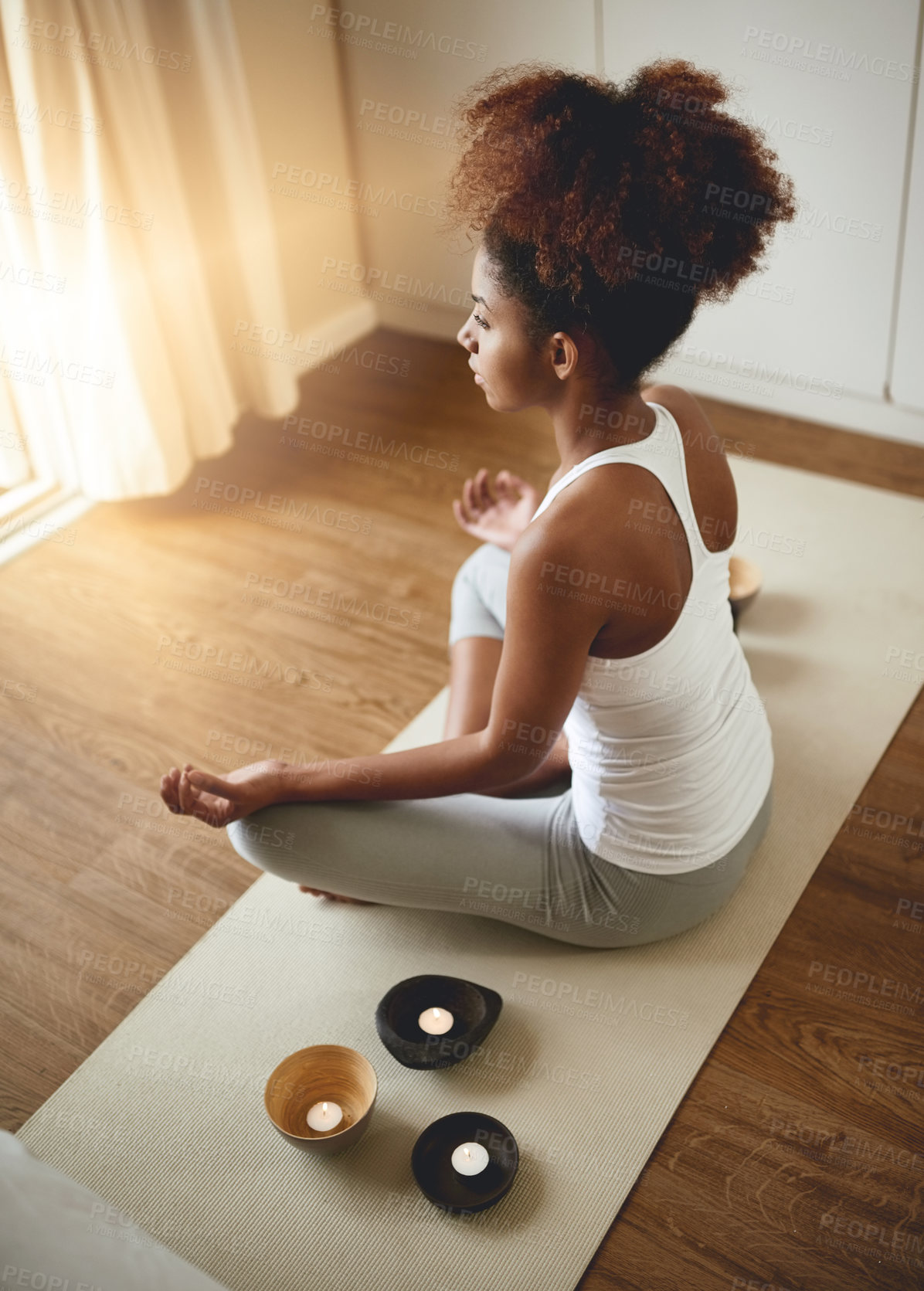 Buy stock photo Calm woman, meditation and zen for yoga, spiritual wellness or healthy exercise at home. Female yogi relaxing or meditating on mat in mental wellbeing, mindfulness or awareness for health and fitness