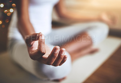 Buy stock photo Woman, hands and yoga in meditation for relax, zen workout or spiritual wellness on floor mat at home. Closeup of female yogi hand for calm relaxation, awareness or mental wellbeing indoors
