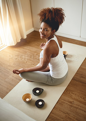 Buy stock photo Calm woman, meditation and portrait in yoga for spiritual wellness or healthy exercise at home. Happy female yogi relaxing or meditating on mat with smile for mental wellbeing, health or awareness