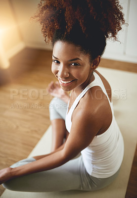Buy stock photo Happy woman, meditation and portrait in yoga for spiritual wellness or healthy exercise at home. African female yogi in meditate, fitness or calm zen workout meditating on mat with smile for health