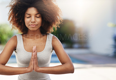 Buy stock photo Calm woman, hands and yoga in meditation for zen, spiritual wellness or healthy exercise outdoors. African female meditating in relax, mind or awareness for mental health and wellbeing on mockup